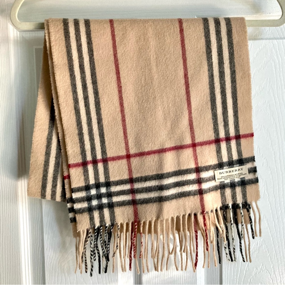 Burberry Beige Vintage Check Cashmere Scarf with Black and Red Stripes